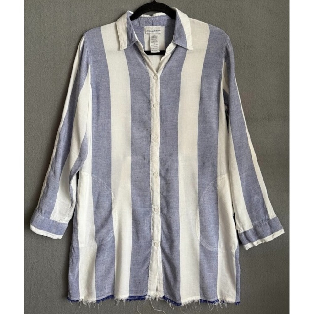 Tommy Bahama Dress Women XS Blue Striped Collared Pockets  Long‎ Sleeve Roll Tab